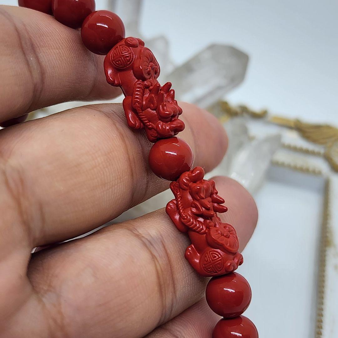 【本物】辰砂ブレスレット 貔貅付き 中国現地オーダー品 8mm天然石 幸運守護