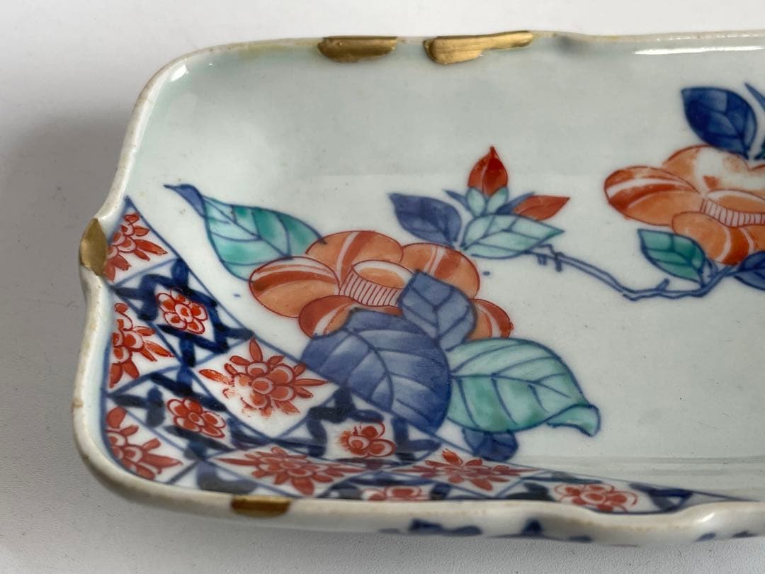 骨董 アンティーク 古伊万里 鍋島 色絵 椿図 変形皿 角皿 小皿