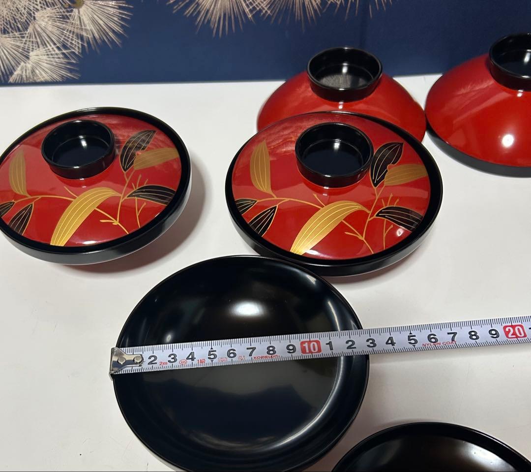 輪島塗　天然木 漆器 蒔絵 多用椀 5個セット 赤と黒 葉模様