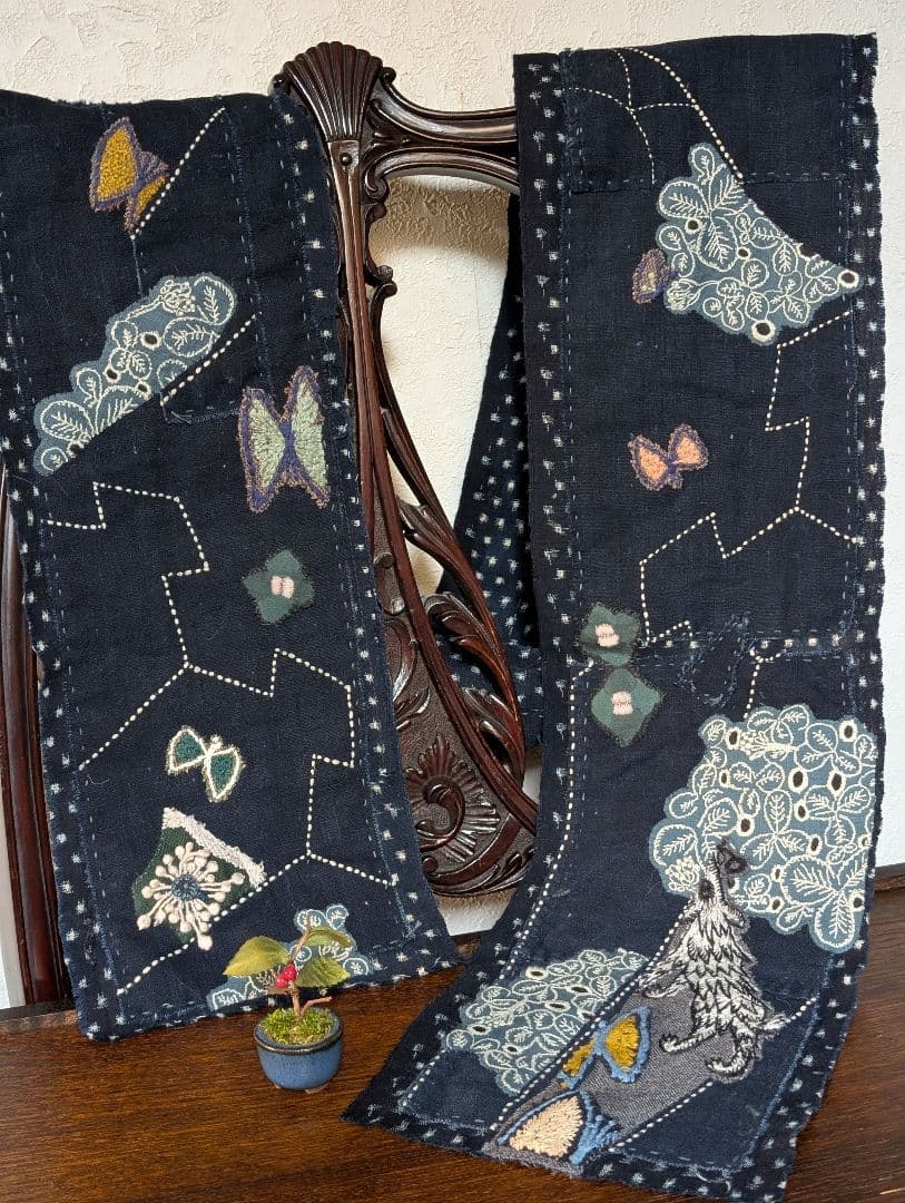 時々lucky♪《刺し子とWolf＆flower》古布藍染　ミナ　長ショール