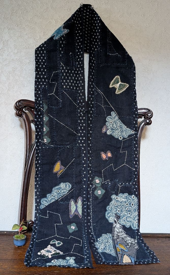 時々lucky♪《刺し子とWolf＆flower》古布藍染　ミナ　長ショール