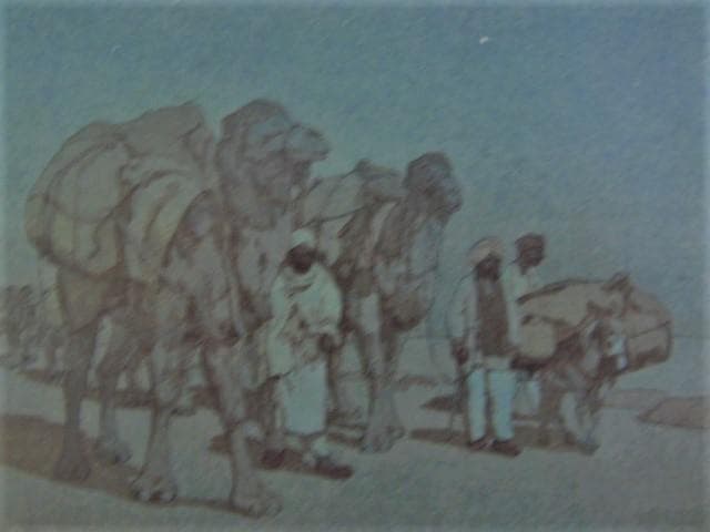 吉田博、【アフガニスタンのキャラバン　月夜】、希少な大判額装用画集より