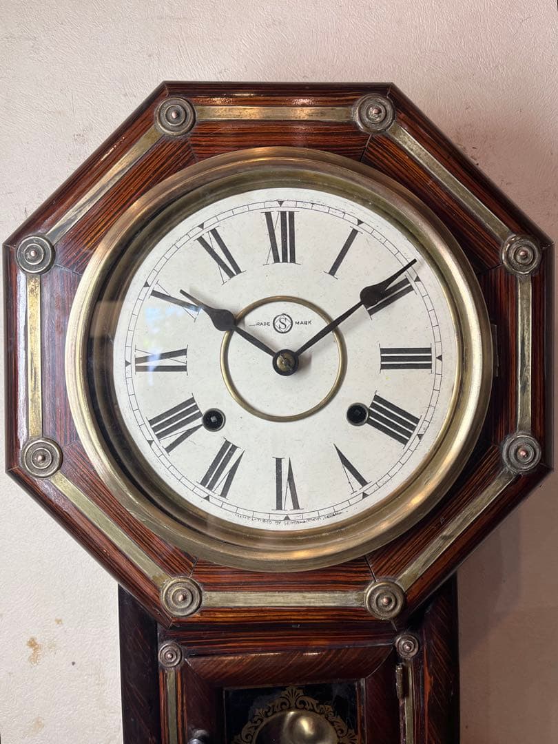国産八角　鋲付　柱時計　古時計　振り子　アンティーク時計　レトロ　精工舎　雑貨
