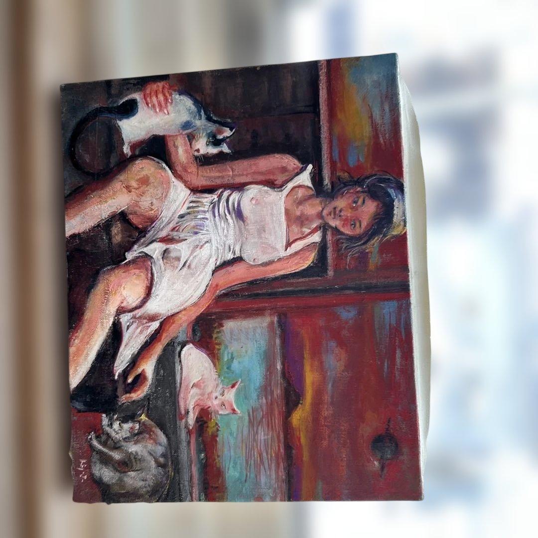女性と猫の油彩画　　27✖️ 22