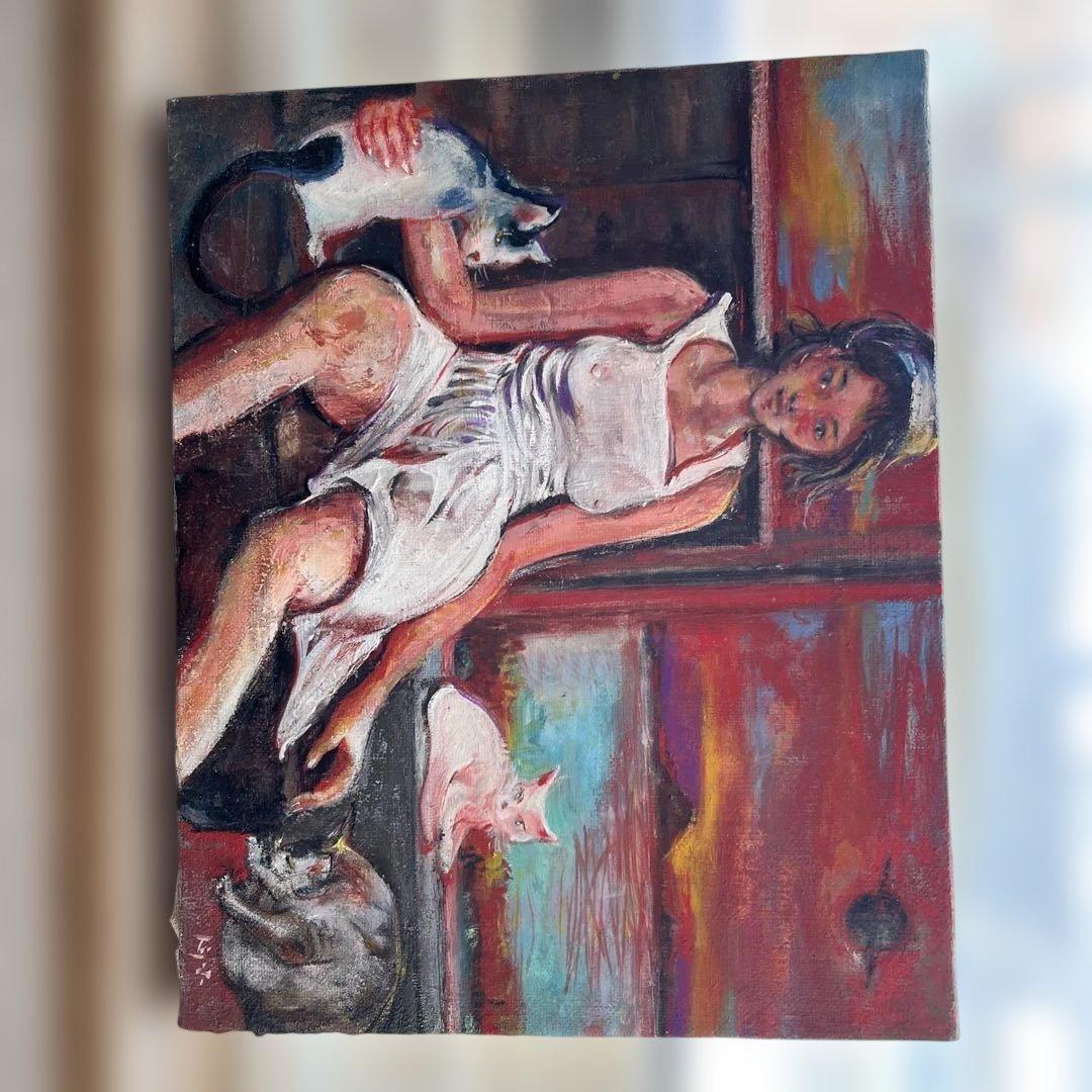 女性と猫の油彩画　　27✖️ 22