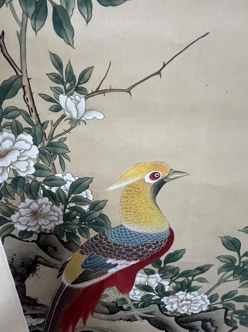 田中 野夫専用 水墨肉筆 錦鶏花葉太湖石図 南田沈銓 掛軸 中国美術(Y