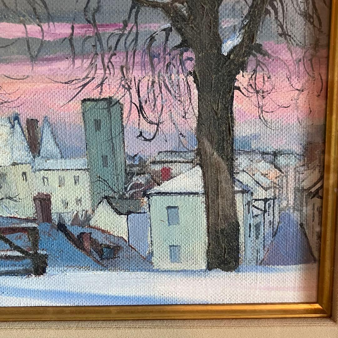 長森聰 「雪の田舎町」1973年 油絵 油彩画 サイン入り　25.2.20-2