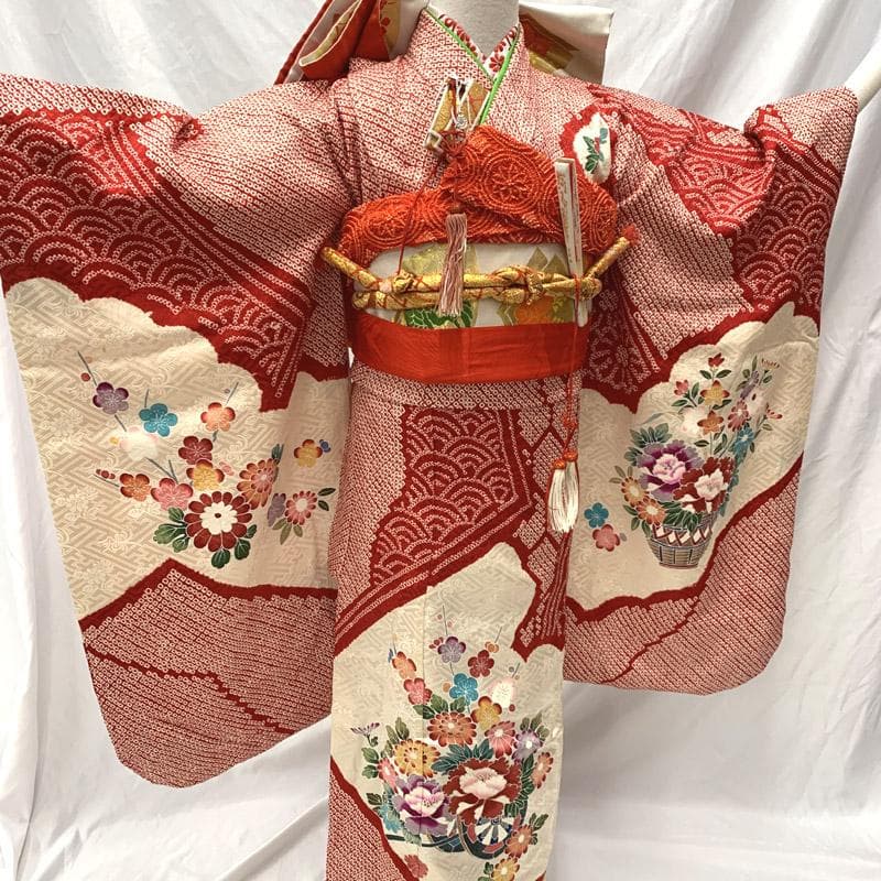 508ag37■七五三 七歳 女児 絞り染 着物&袋帯&長襦袢 ■状態良好