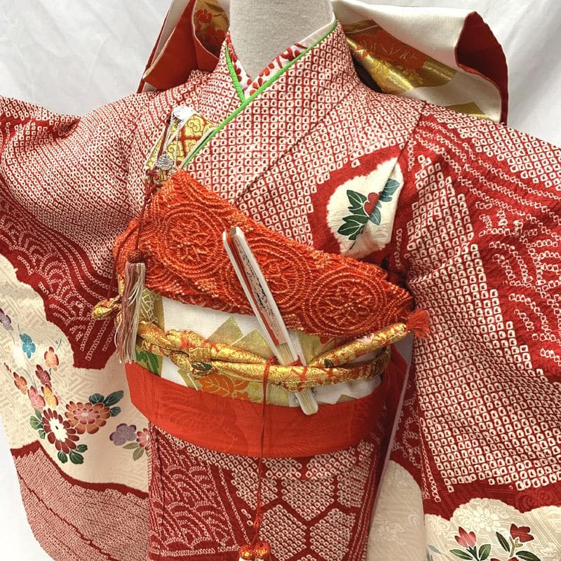 508ag37■七五三 七歳 女児 絞り染 着物&袋帯&長襦袢 ■状態良好