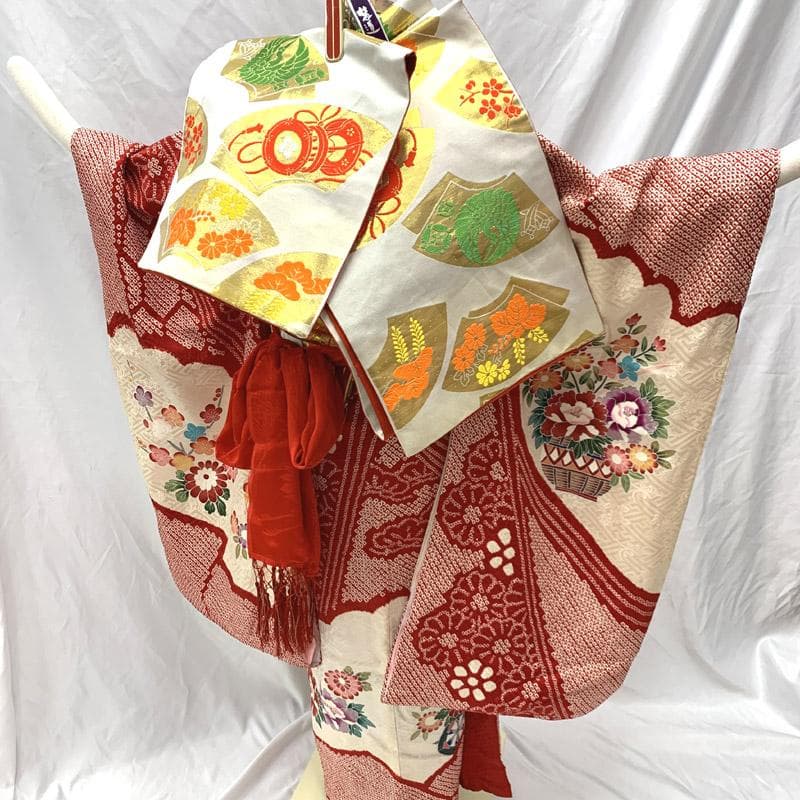 508ag37■七五三 七歳 女児 絞り染 着物&袋帯&長襦袢 ■状態良好