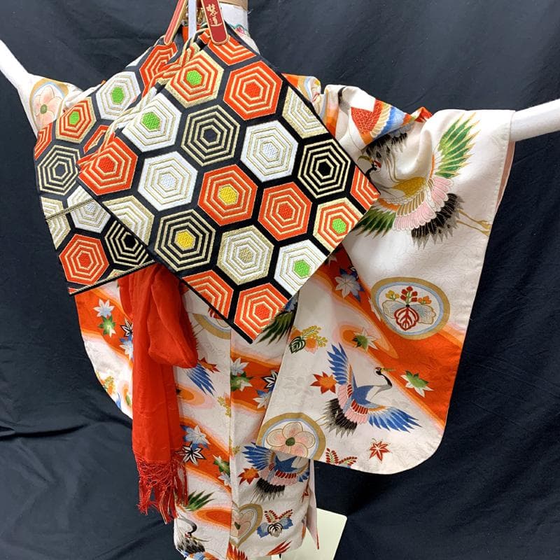 602ag14□七五三 七歳 セミアンティーク 女児 着物&袋帯 鶴 丸文□