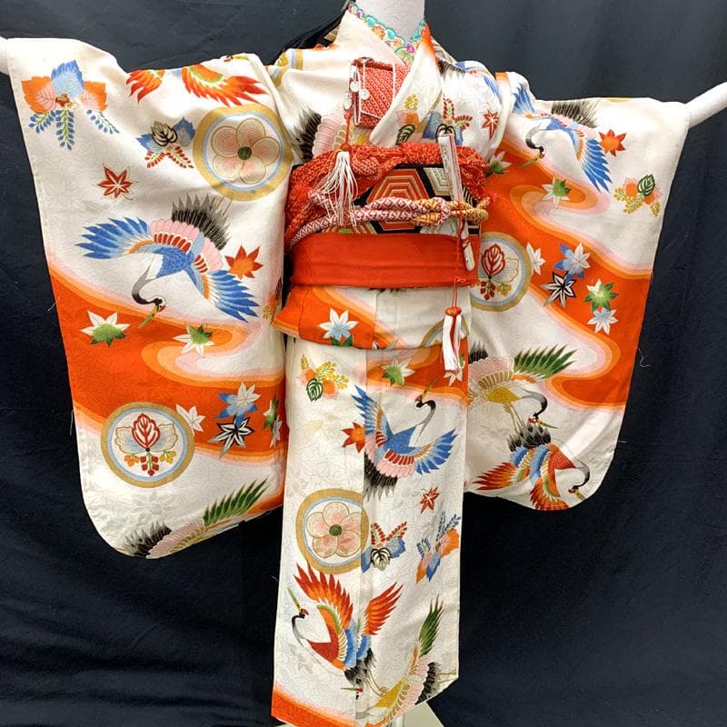 602ag14□七五三 七歳 セミアンティーク 女児 着物&袋帯 鶴 丸文□