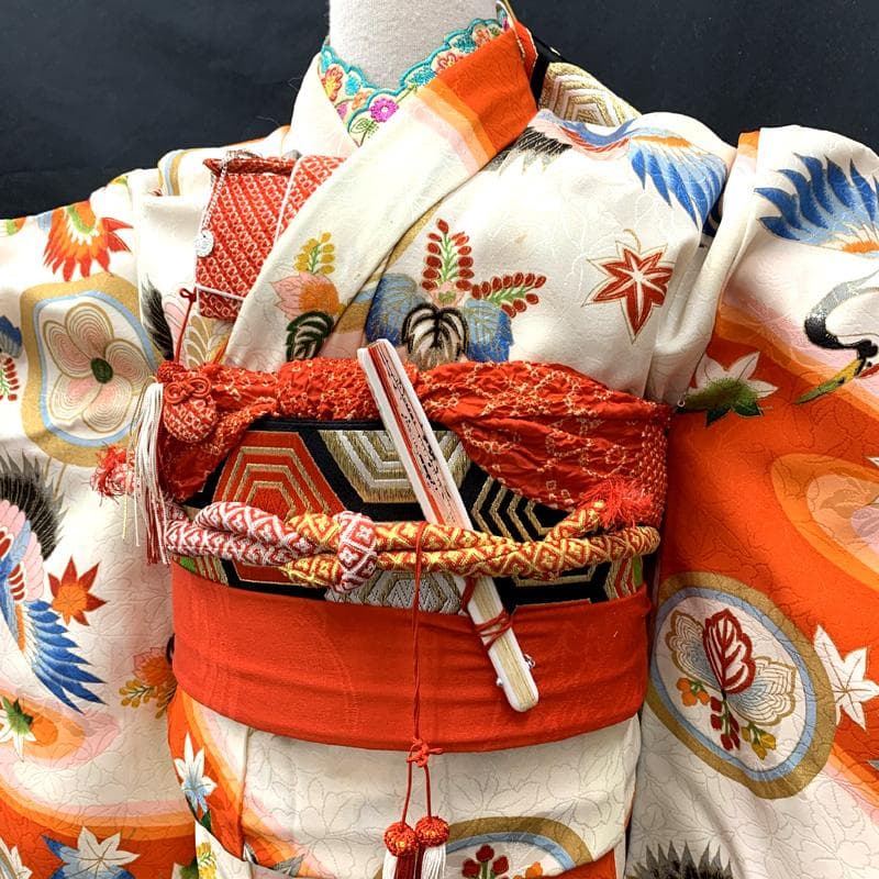 602ag14□七五三 七歳 セミアンティーク 女児 着物&袋帯 鶴 丸文□