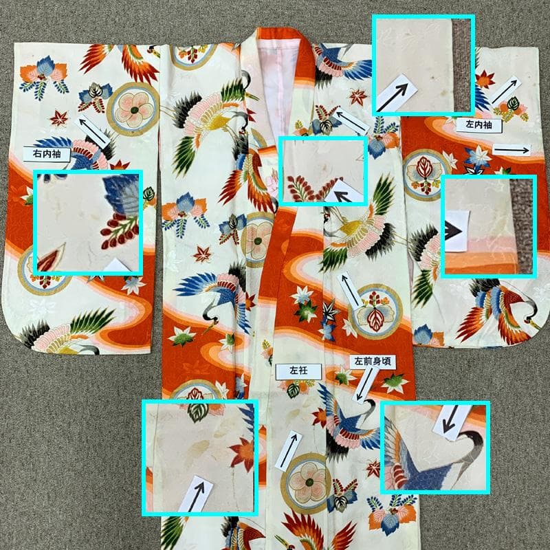 602ag14□七五三 七歳 セミアンティーク 女児 着物&袋帯 鶴 丸文□