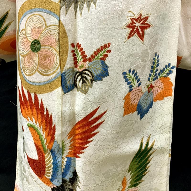 602ag14□七五三 七歳 セミアンティーク 女児 着物&袋帯 鶴 丸文□