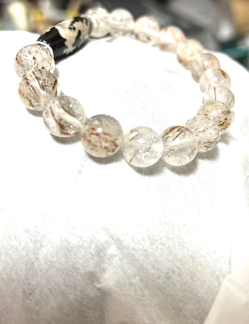 未使用希少五爪龍眼天珠カット水晶オレンジルチルクォーツ天珠