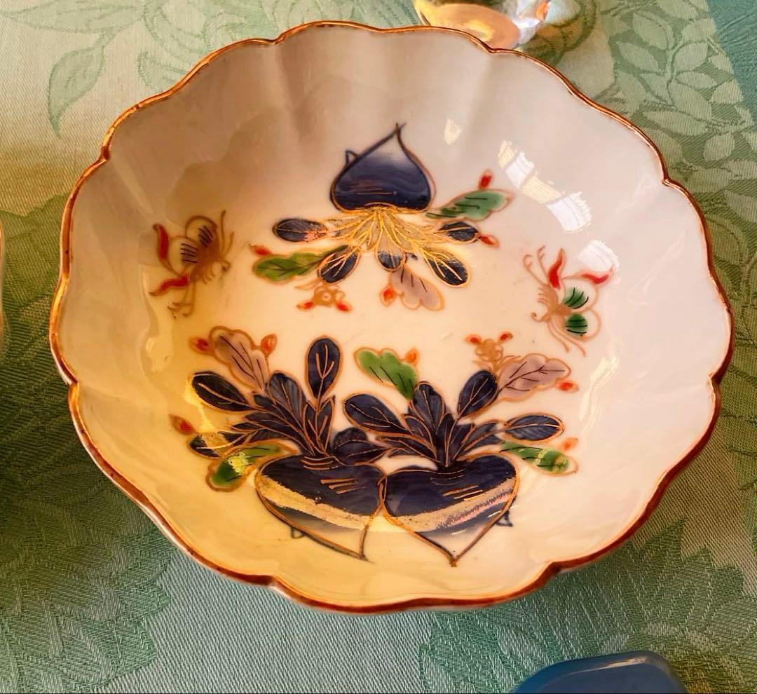 古伊万里　染付　金彩　蝶々　蕪　膾皿　2客