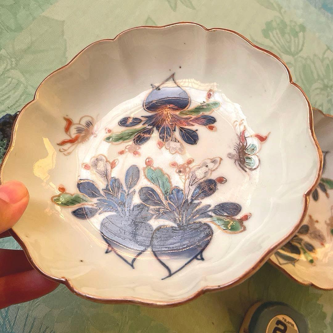 古伊万里　染付　金彩　蝶々　蕪　膾皿　2客