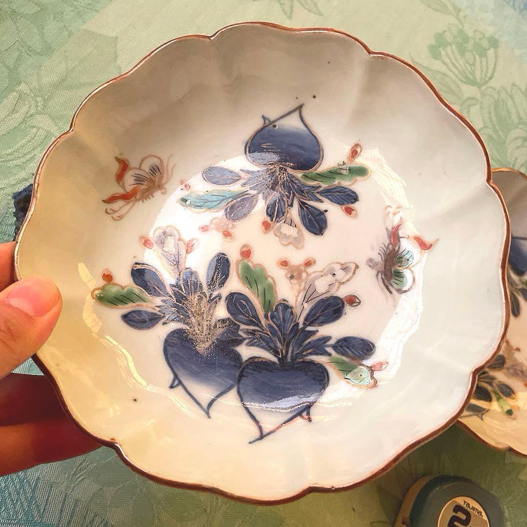 古伊万里　染付　金彩　蝶々　蕪　膾皿　2客