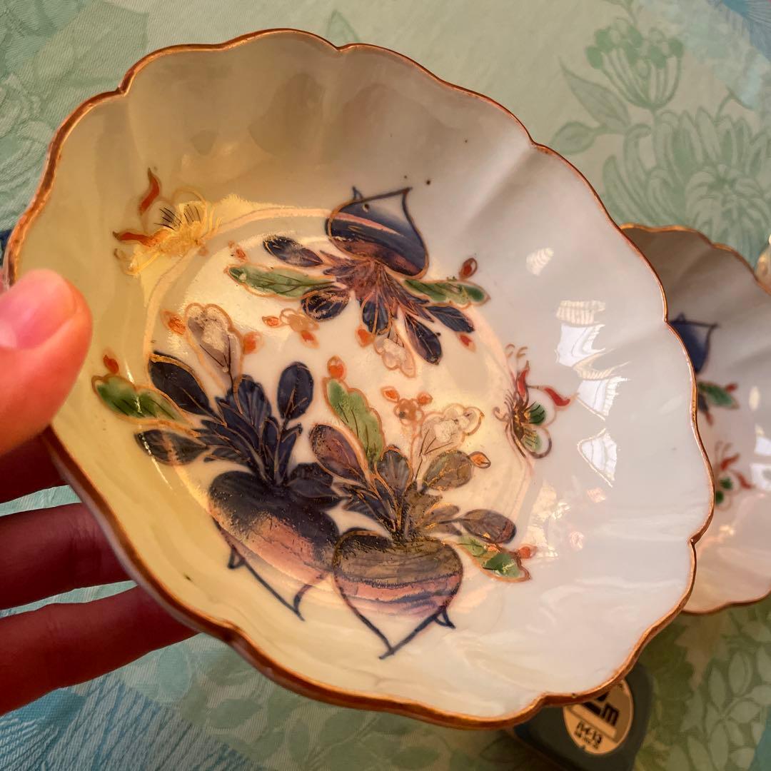 古伊万里　染付　金彩　蝶々　蕪　膾皿　2客