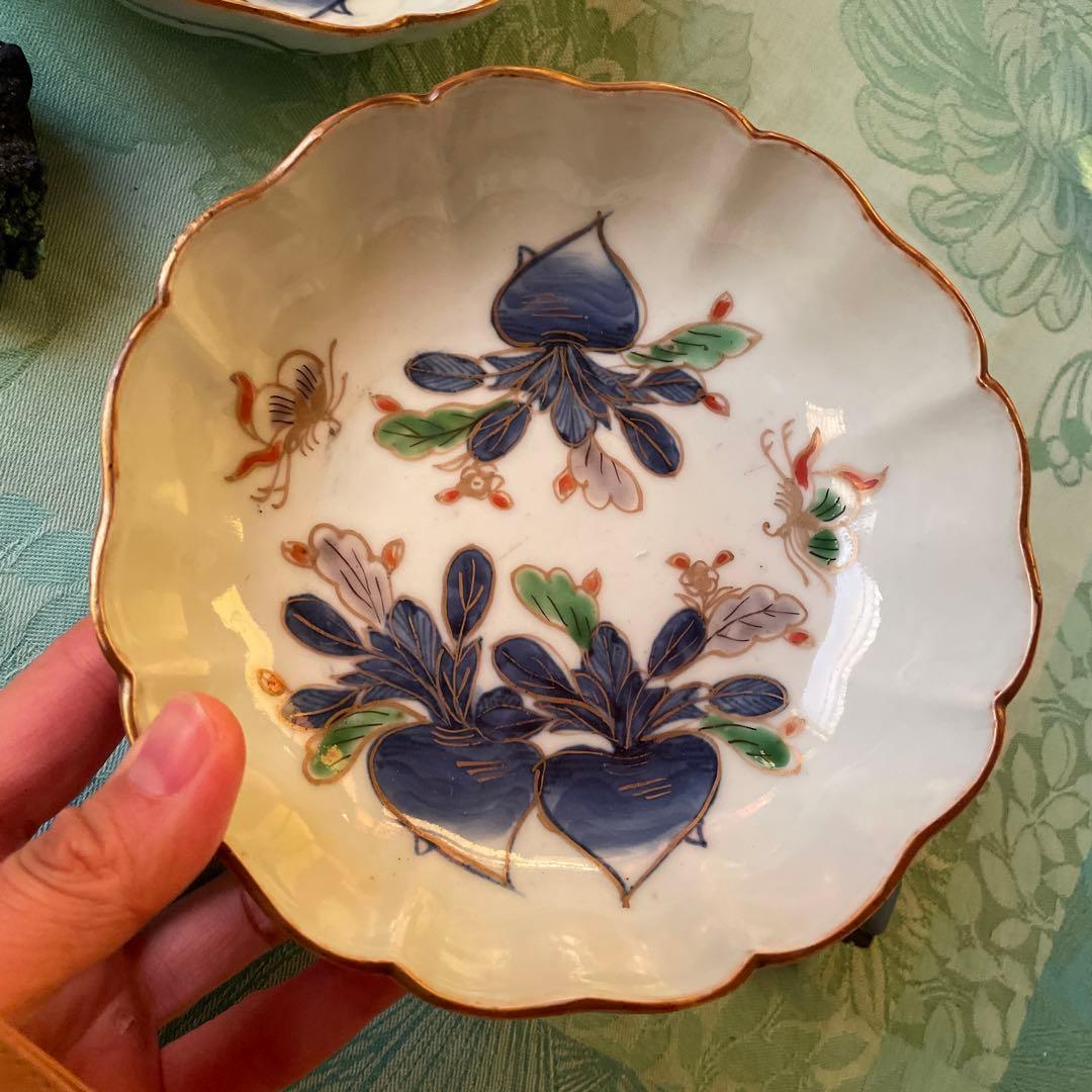 古伊万里　染付　金彩　蝶々　蕪　膾皿　2客