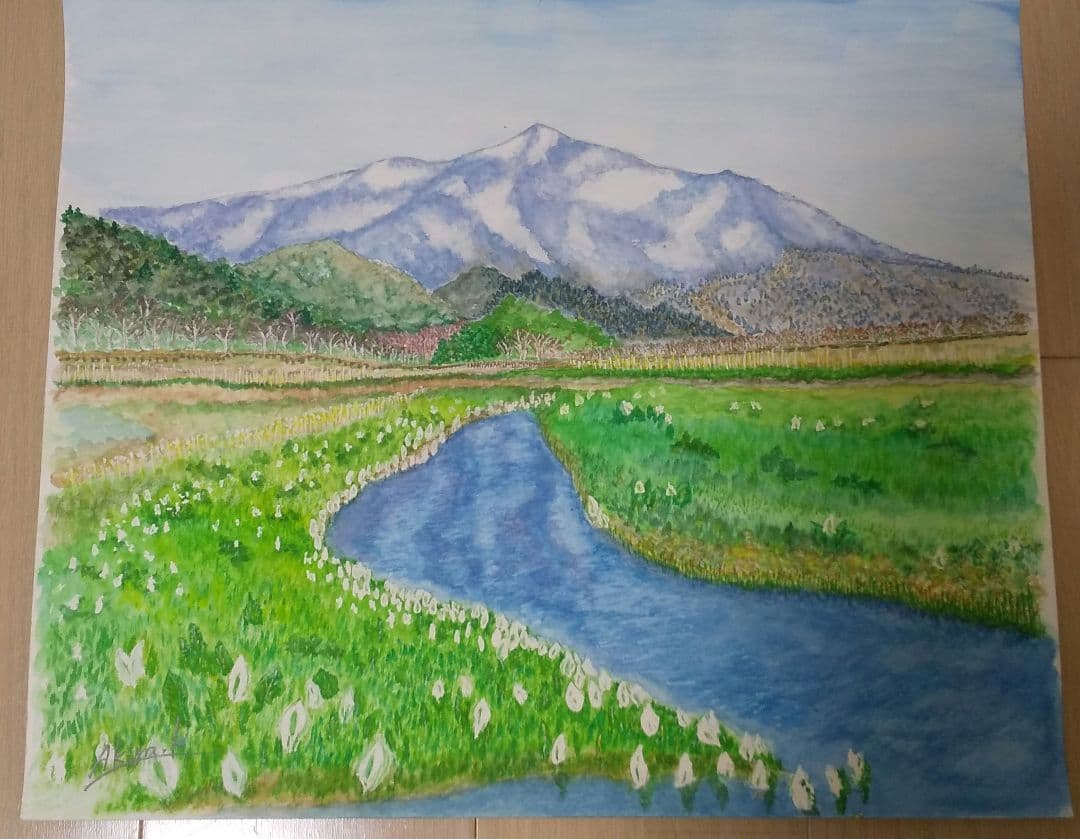 風景画 山と川 水彩画 - メルカリ