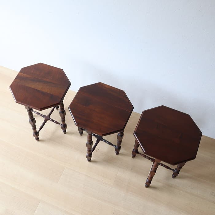 ネストテーブル 折りたたみ式八角テーブル付角茶テーブル 木製 無垢材