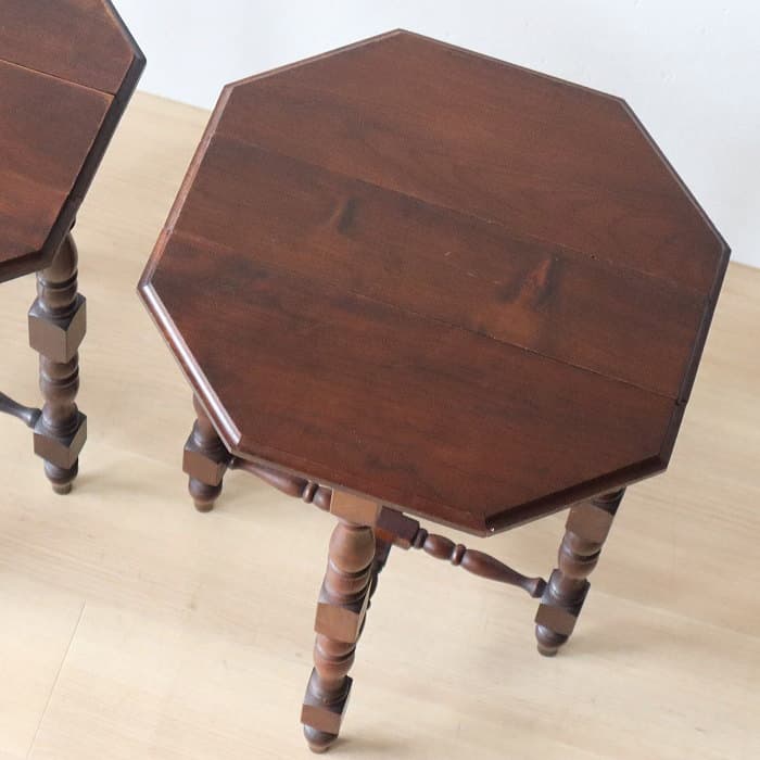 ネストテーブル 折りたたみ式八角テーブル付角茶テーブル 木製 無垢材