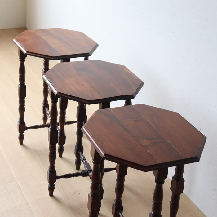 ネストテーブル 折りたたみ式八角テーブル付角茶テーブル 木製 無垢材