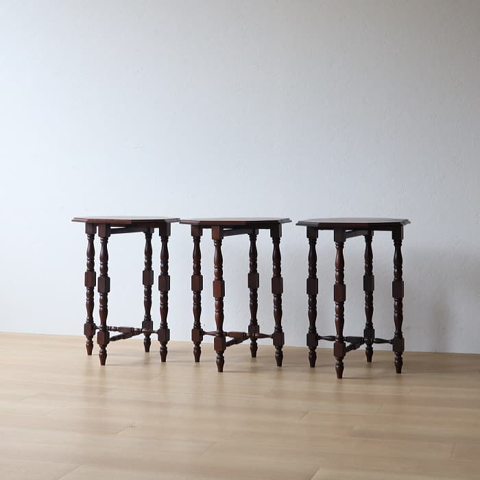 ネストテーブル 折りたたみ式八角テーブル付角茶テーブル 木製 無垢材