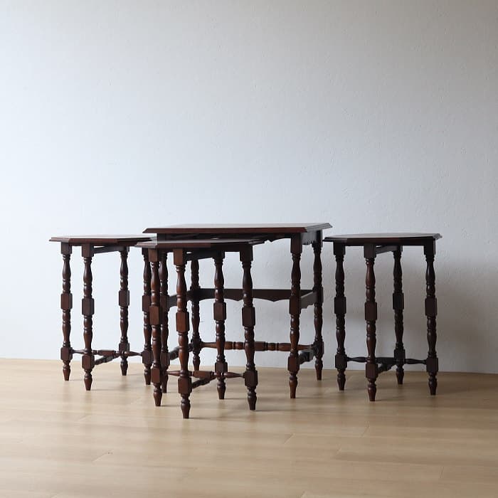 ネストテーブル 折りたたみ式八角テーブル付角茶テーブル 木製 無垢材