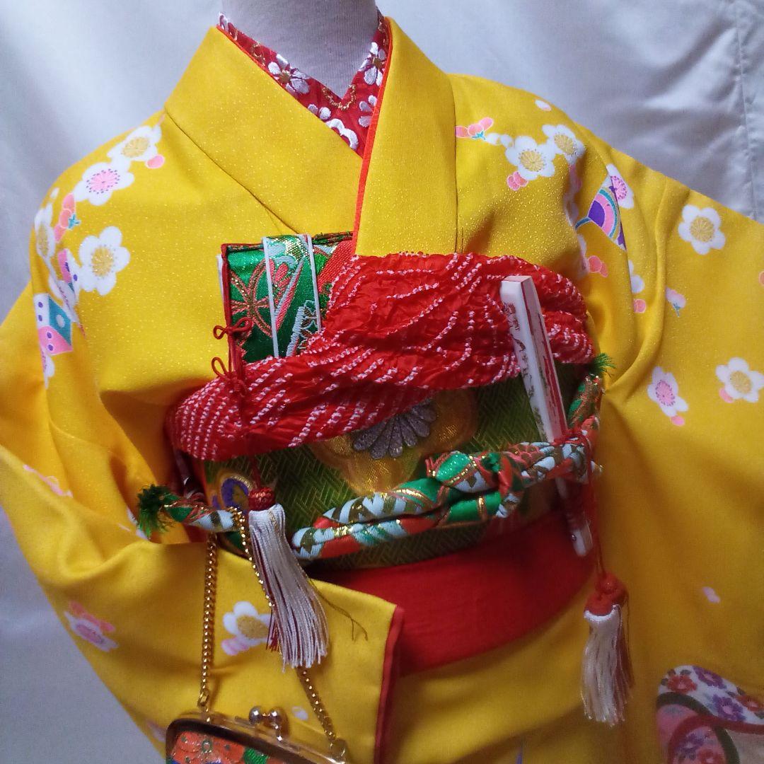 七五三　七歳着物　作り帯　帯揚げ　志古貴　はこせこセット　和装小物　バッグと下駄