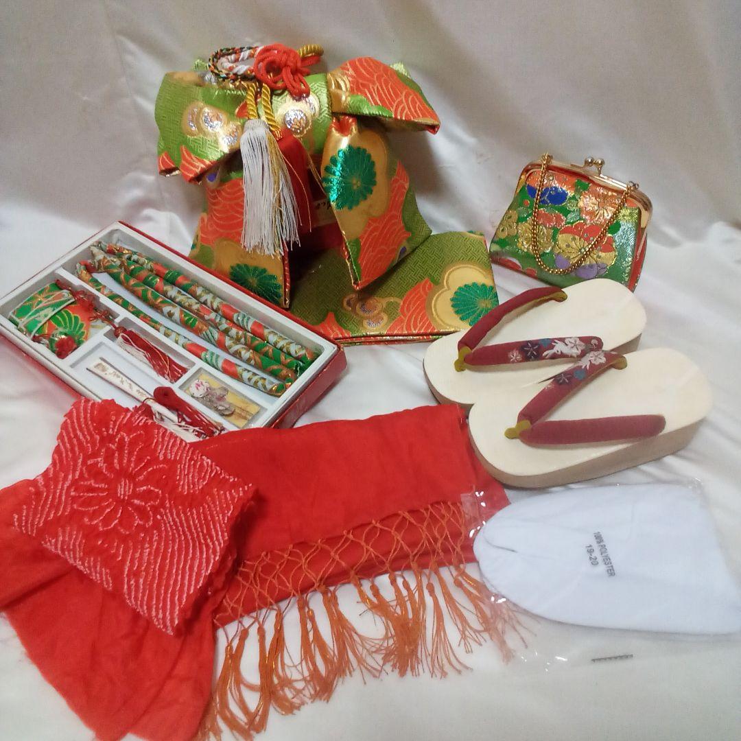 七五三　七歳着物　作り帯　帯揚げ　志古貴　はこせこセット　和装小物　バッグと下駄