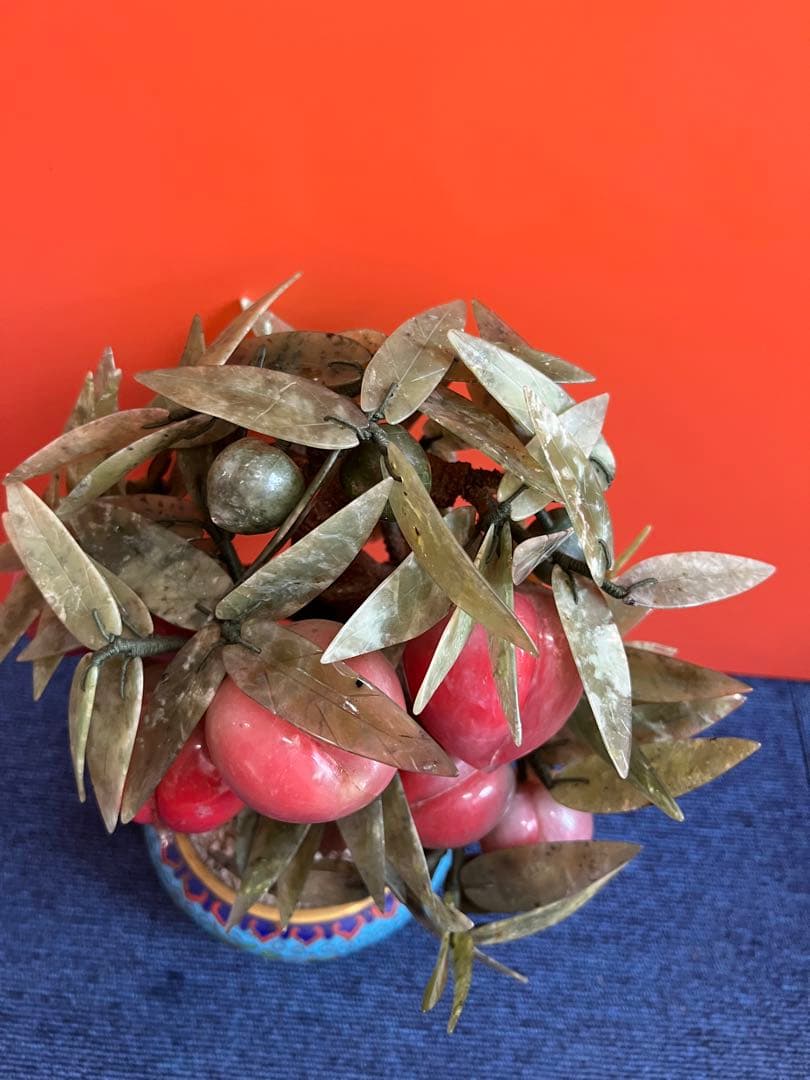 1184 中国美術 桃樹玉石 桃木玉石盆栽 景泰藍 石細工彫刻 置物 - メルカリ