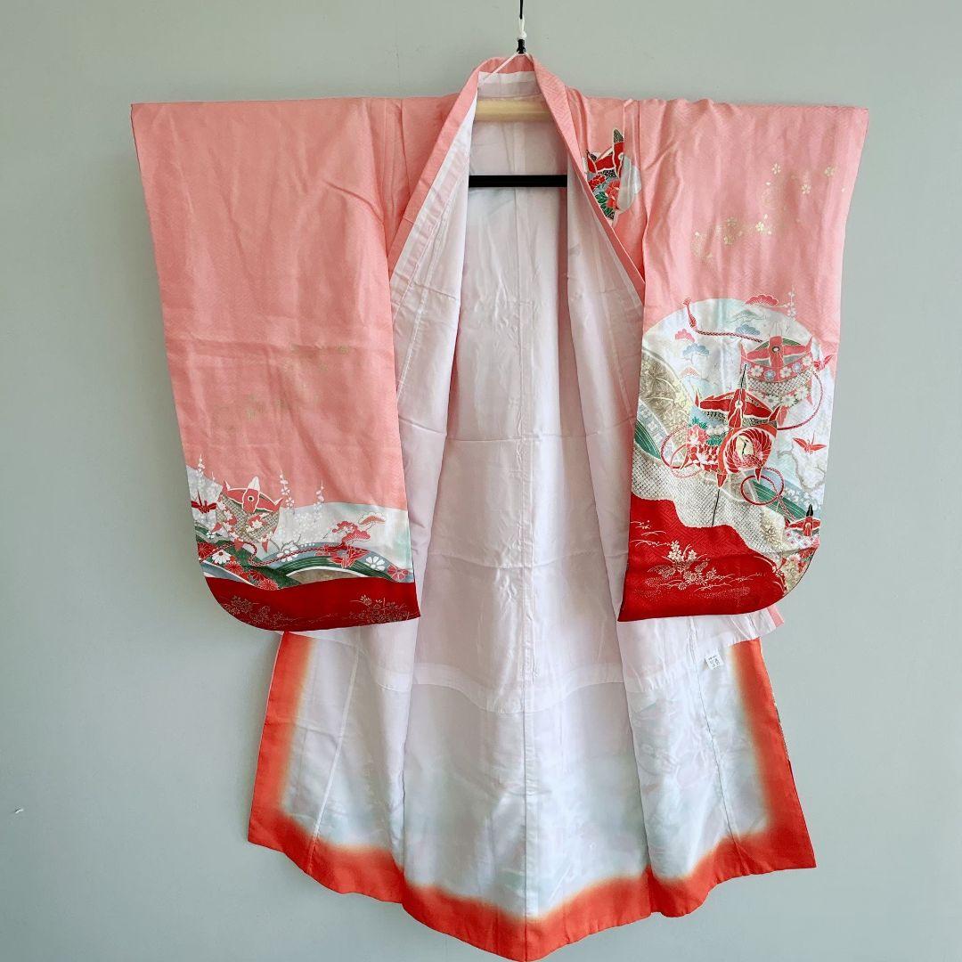 七五三７歳女の子　セット　着物　サーモンピンク　鶴　52338