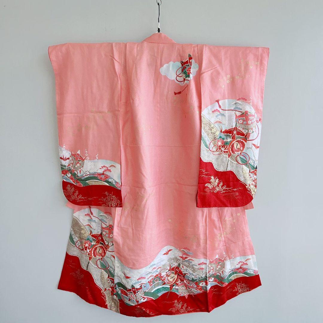 七五三７歳女の子　セット　着物　サーモンピンク　鶴　52338