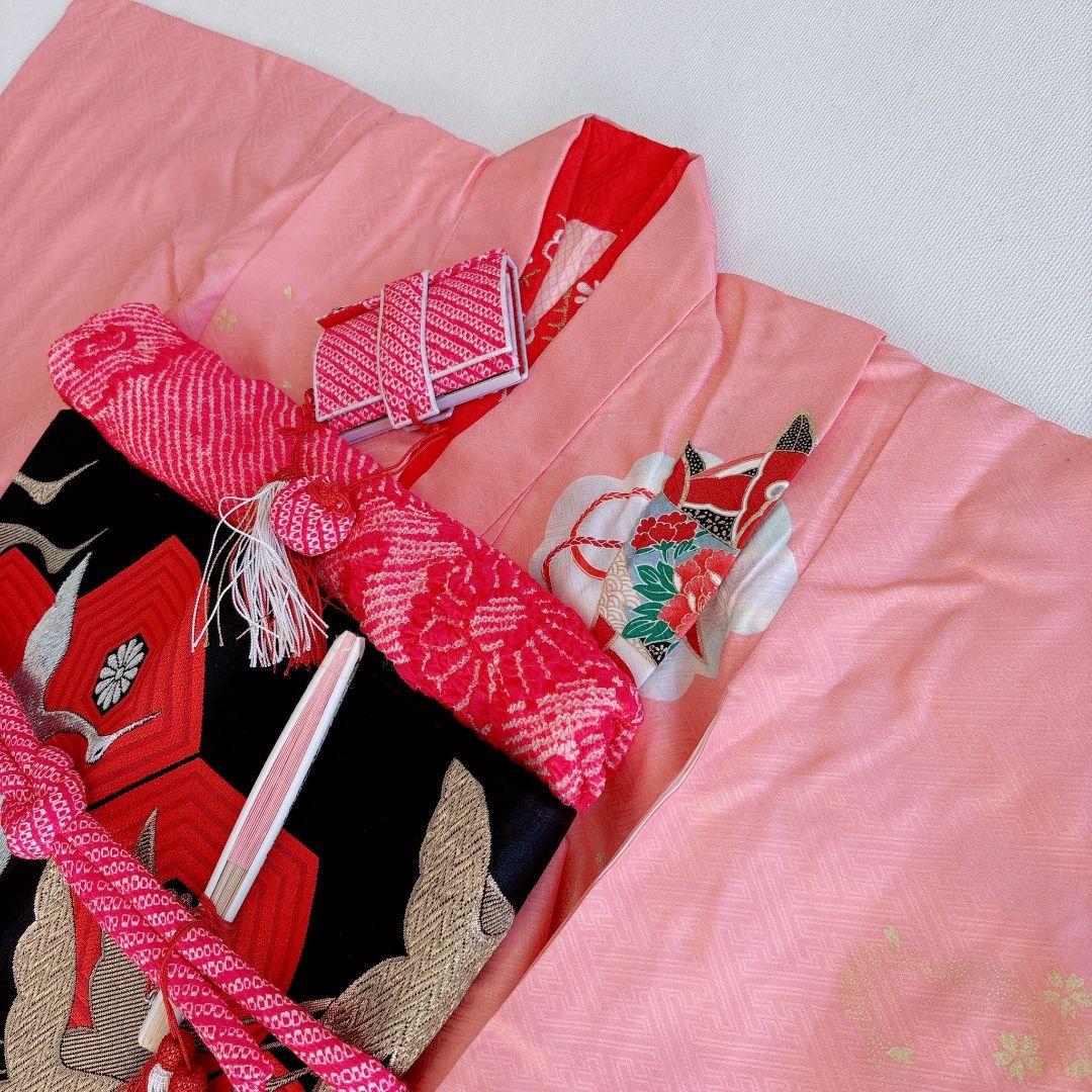 七五三７歳女の子　セット　着物　サーモンピンク　鶴　52338