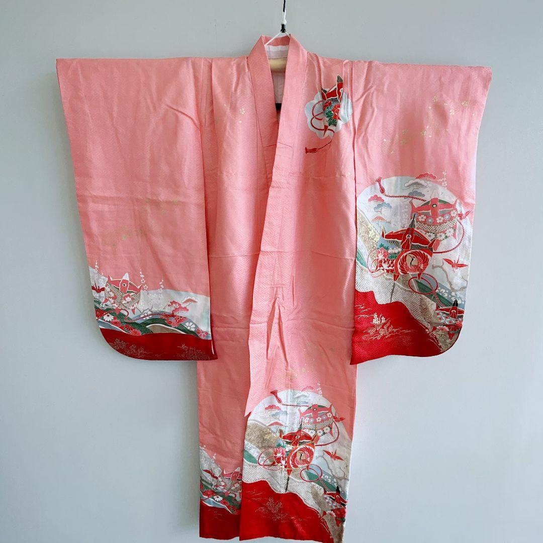 七五三７歳女の子　セット　着物　サーモンピンク　鶴　52338