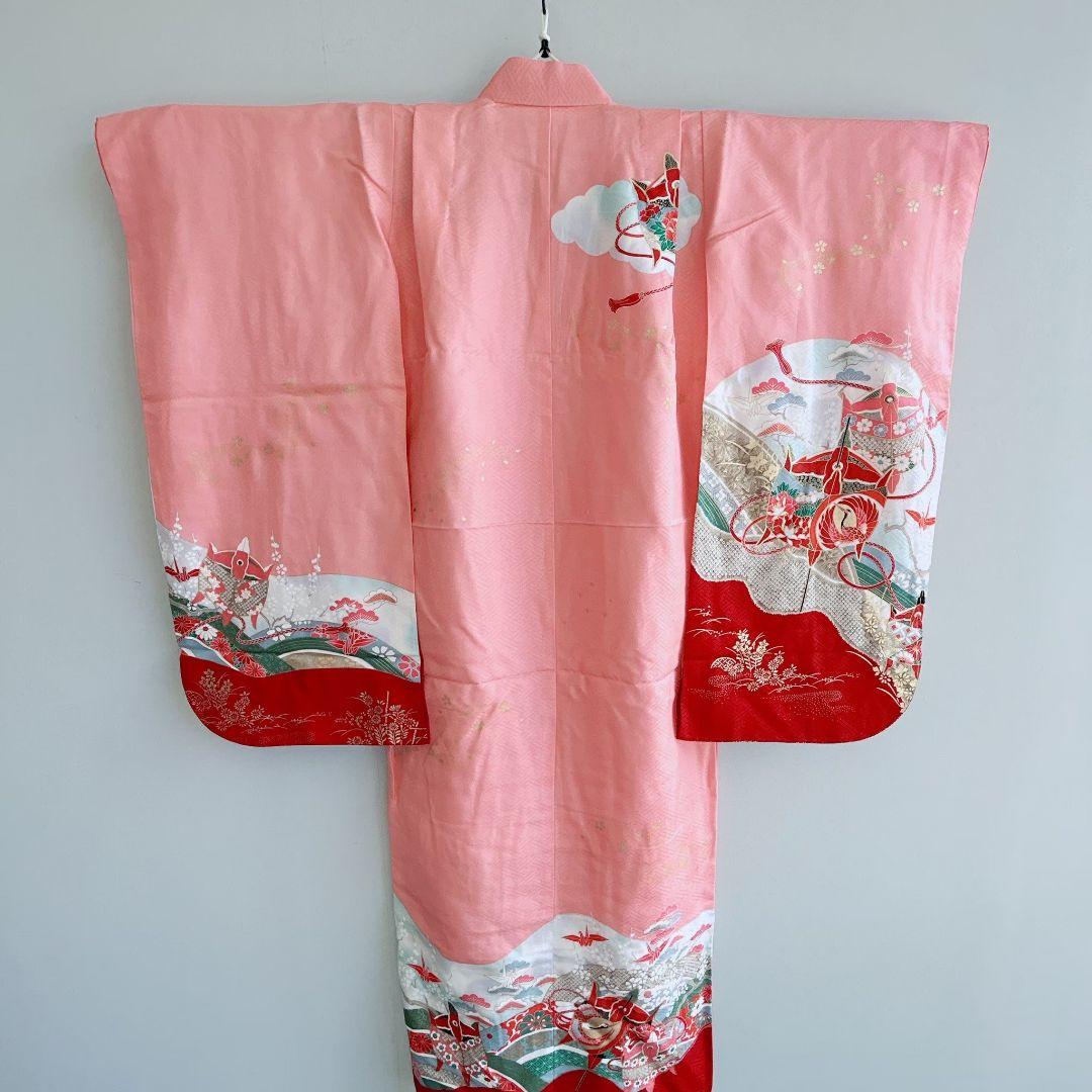 七五三７歳女の子　セット　着物　サーモンピンク　鶴　52338
