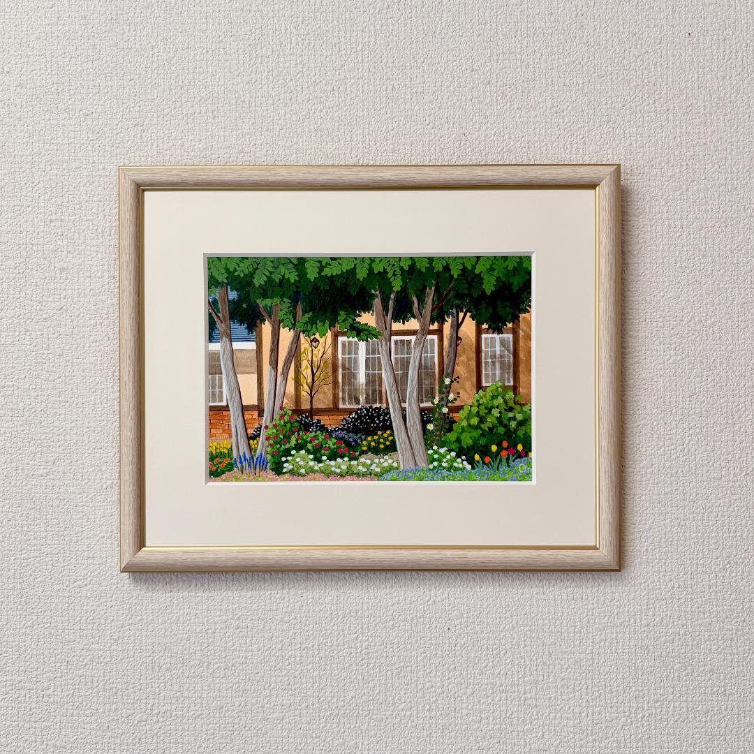 アクリル画 原画 「小さな花壇03」額縁付 SMサイズ