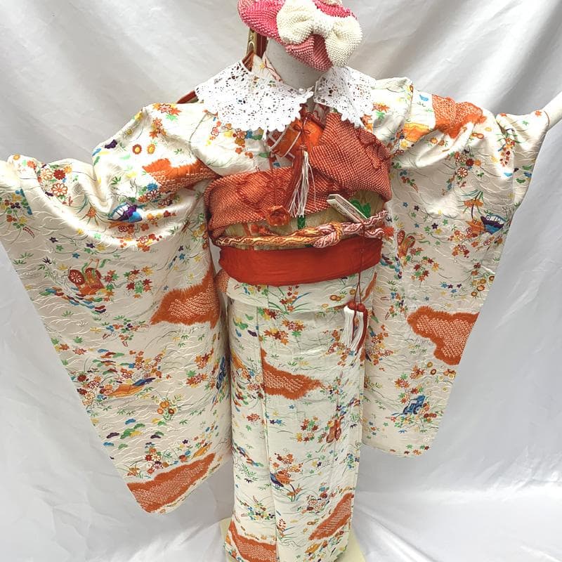 407ag11,小物類付き□七五三 七歳 女児 着物&袋帯&長襦袢 部分絞り□