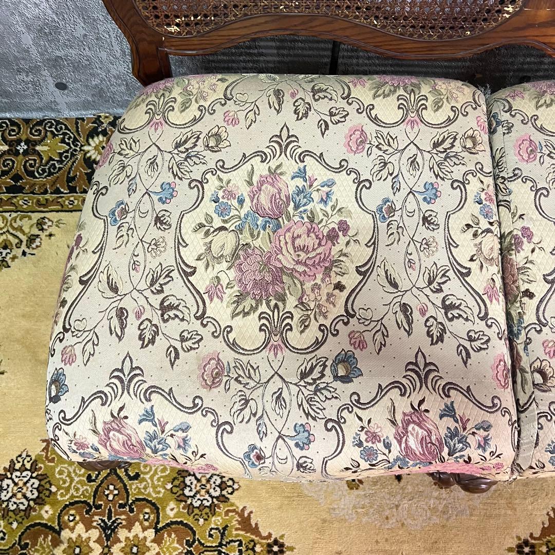 ꧁籐家具꧂3人掛けケーニングソファ ケインバック ラタン 籐編み フラワー 花柄