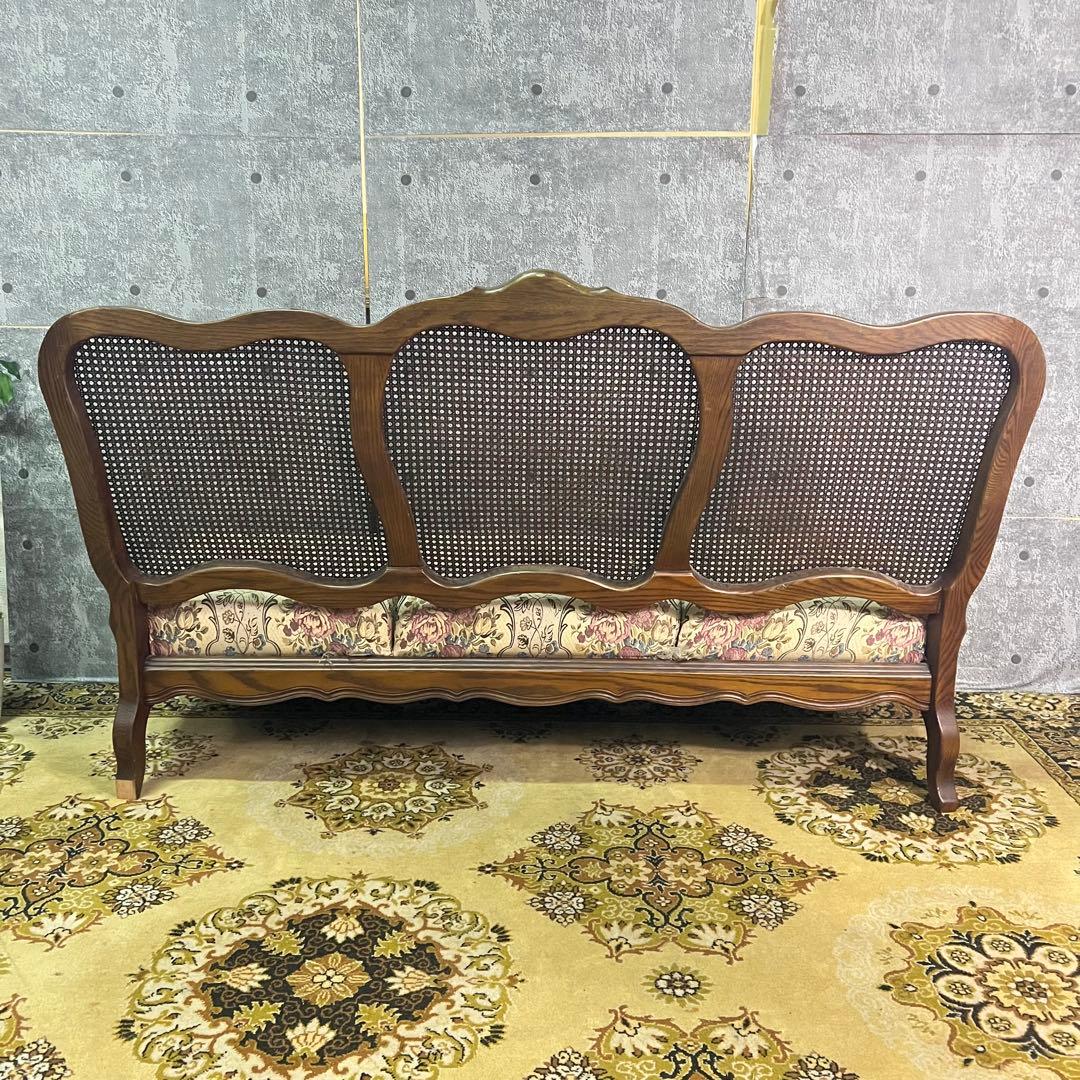 ꧁籐家具꧂3人掛けケーニングソファ ケインバック ラタン 籐編み フラワー 花柄