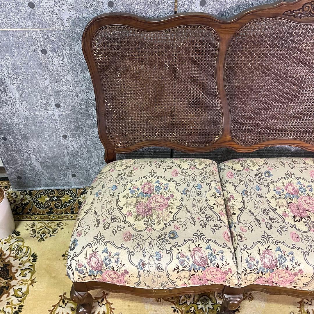 ꧁籐家具꧂3人掛けケーニングソファ ケインバック ラタン 籐編み フラワー 花柄