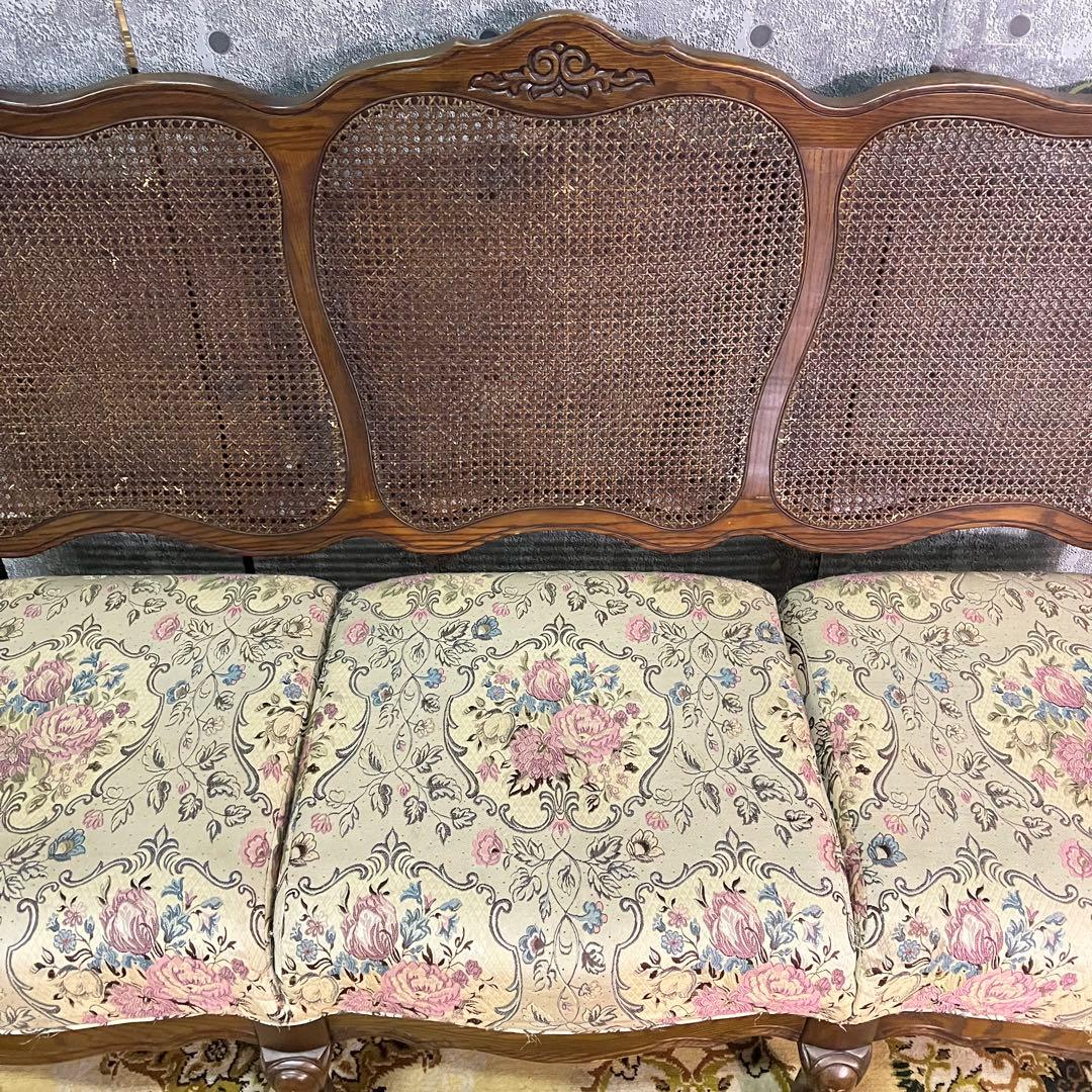 ꧁籐家具꧂3人掛けケーニングソファ ケインバック ラタン 籐編み フラワー 花柄