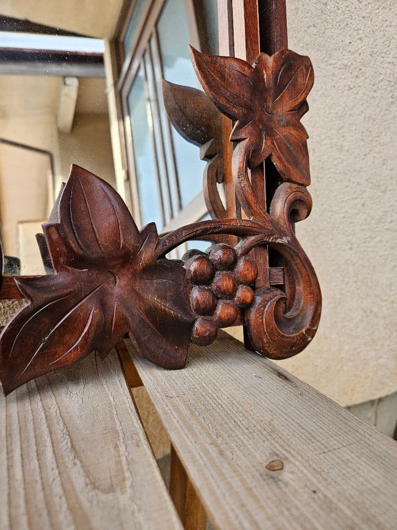 ジャパンヴィンテージ 木彫りの鏡 ウォールミラー 壁掛け 鏡 木製フレーム