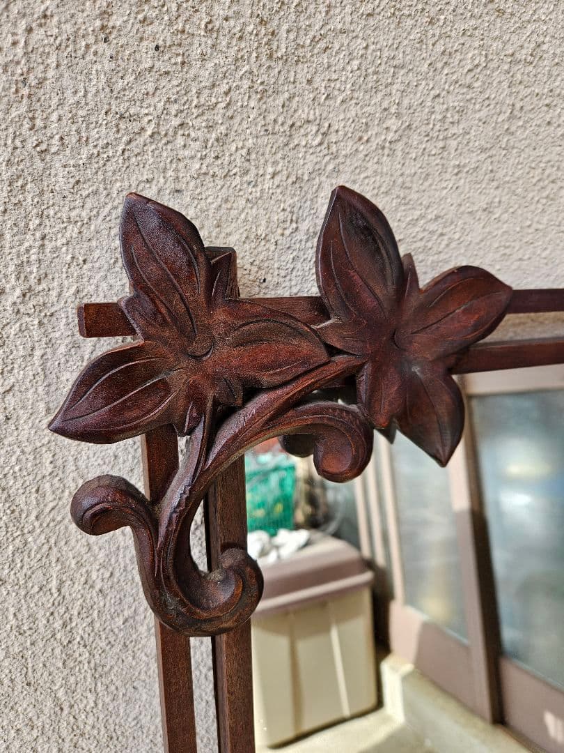 ジャパンヴィンテージ 木彫りの鏡 ウォールミラー 壁掛け 鏡 木製フレーム