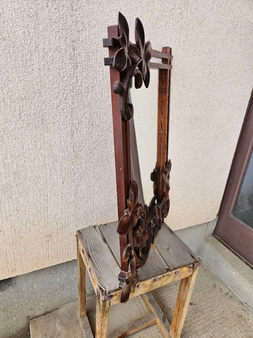 ジャパンヴィンテージ 木彫りの鏡 ウォールミラー 壁掛け 鏡 木製フレーム