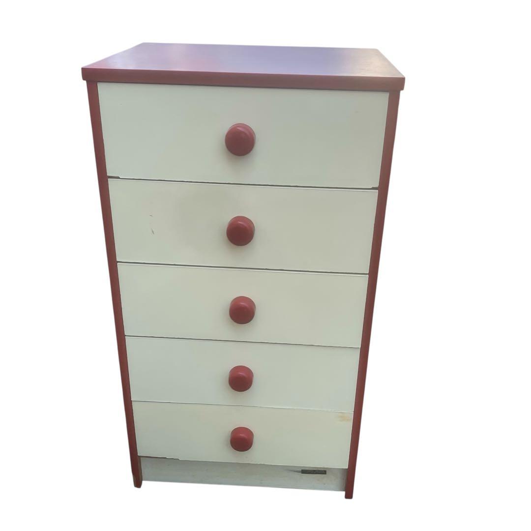 チェスト　昭和レトロ ホワイト×レッド タンス 5段 引き出し収納 整理タンス