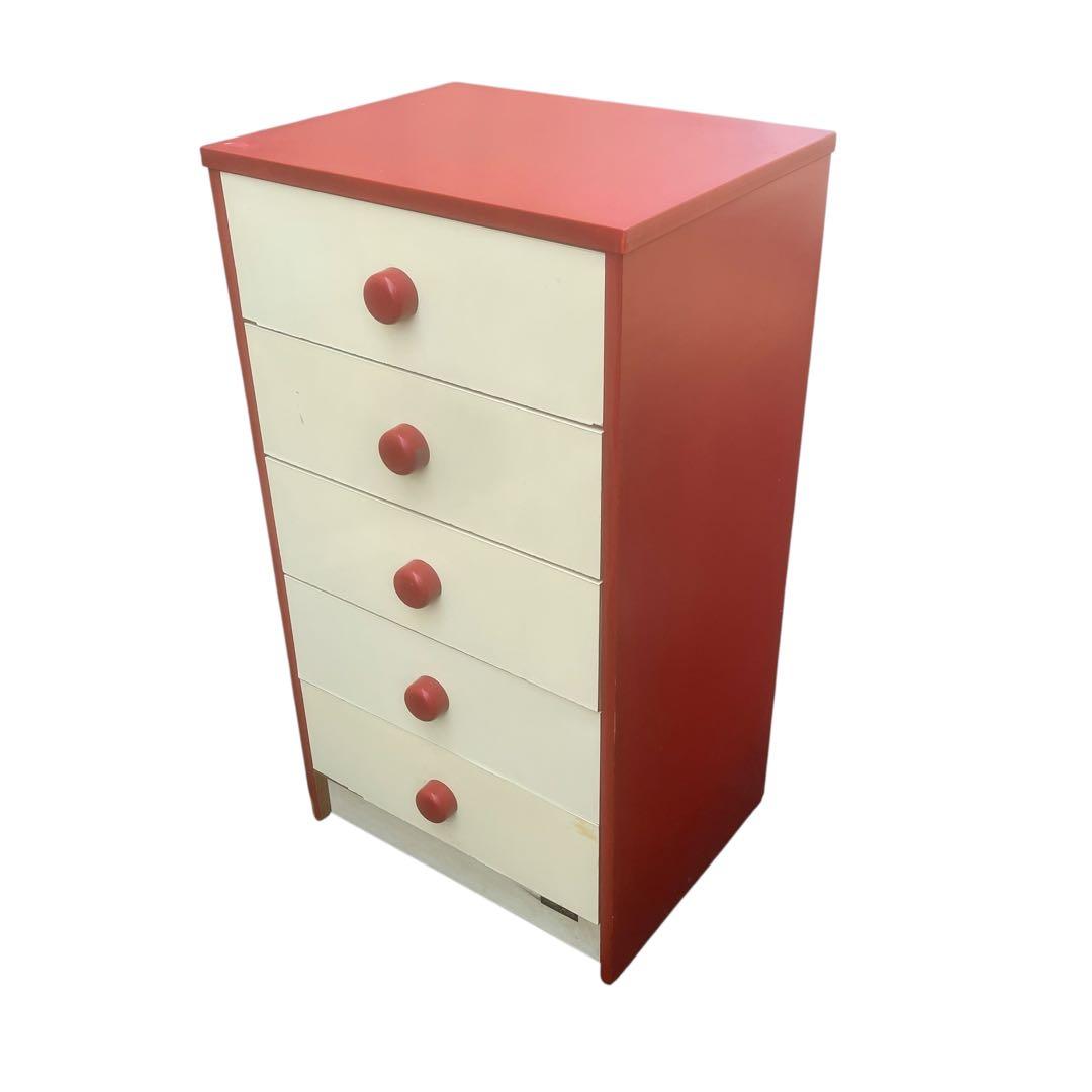 チェスト　昭和レトロ ホワイト×レッド タンス 5段 引き出し収納 整理タンス